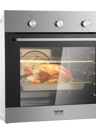 VEVOR Single Wall Oven, 2.68 Cu.Ft Electric Wall Ovens with Timer, 24" Built-in Electric Wall Oven with 6 Cooking Functions, Mechanical Knob Control Convection Wall Oven with Baking Rack and Tray