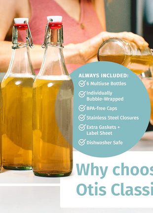 Otis Classic Swing Top Glass Bottles   Set of 6, 16oz w/Marker & Labels   Clear Bottle with Caps for Juice, Water, Kombucha, Wine, Beer Brewing, Kefir Milk or Eggnog