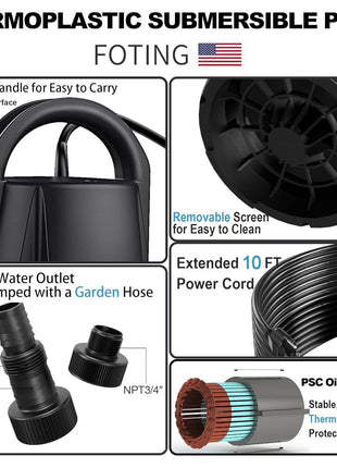 FOTING Sump Pump 1HP Clean/Dirty Submersible Water Pump, 4600GPH Utility Pump Thermoplastic Electric Portable Transfer Water Pump for Swimming Pool Garden Pond Basement with 10ft Long Power Cord