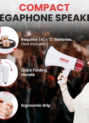 Pyle 20W Megaphone Bullhorn - 5.4'' x 8.6'' Portable Megaphone, Projection Range 1000 Sq. Yards, Voice Talking & Siren Alert, Shoulder Strap, Battery Operated, (White)