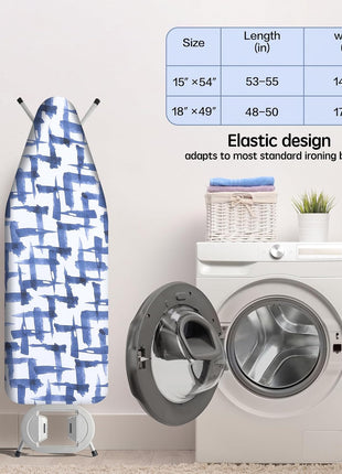 Ironing Board Cover and pad - 15 x 54 Thick Padding 4 Layers with 2" Elastic, Stain Resistant & Durable Scorch, 2 Buckles for Easy Installation in Laundry Room, Blue Brushstrokes (NO Board)