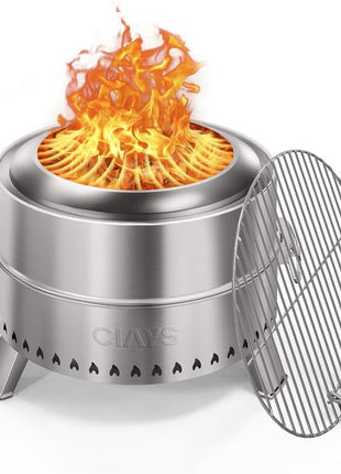 CIAYS Smokeless Firepit, 19 Inch Fire Pit for Camping with Patented Technology, Portable Fire Pit for Outside with Steel Grill Rack, Fire Poker, and Bag, Easy Setup and Storage, Wood Burning, Silver