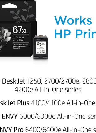 HP 67XL Black High-yield Ink Cartridge | Works with HP DeskJet 1255, 2700, 4100 Series, HP ENVY 6000, 6400 Series | Eligible for Instant Ink | One Size | 3YM57AN