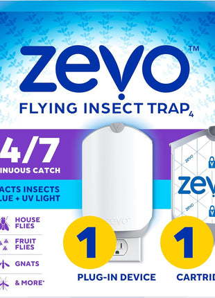 Zevo Flying Insect Trap & Cartridge - Plug in Fly Trap & Indoor Bug Catcher for Gnats, House & Fruit Flies - Mess-Free - Use in Any Room - Uses Blue & UV Light (1 Plug in Device & 1 Cartridge)