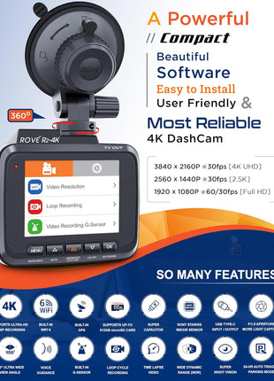 ROVE R2-4K Dash Cam, 4K UHD 2160P Car Camera with 8MP CMOS Sensor, Built-in WiFi 6 and GPS, Dash Camera For Cars with 2.4" Screen, Super Night Vision, 150" Wide Angle, Parking Mode, Supports 512GB Max