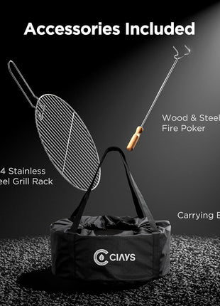 CIAYS Smokeless Firepit, 19 Inch Fire Pit for Camping with Patented Technology, Portable Fire Pit for Outside with Steel Grill Rack, Fire Poker, and Bag, Easy Setup and Storage, Wood Burning, Silver