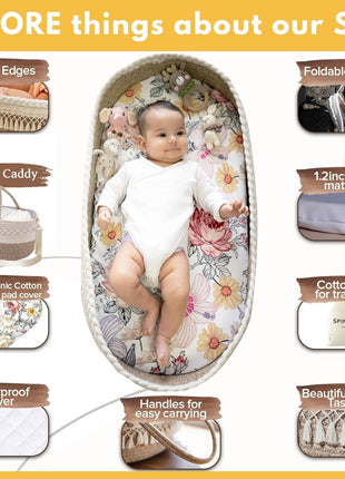 Baby Changing Basket Set with Diaper Caddy Organizer Macrame Boho Moses Basket for Babies, Handmade 100% Cotton Rope, Woven Portable Nursery Decor Waterproof Pad & Floral Pad