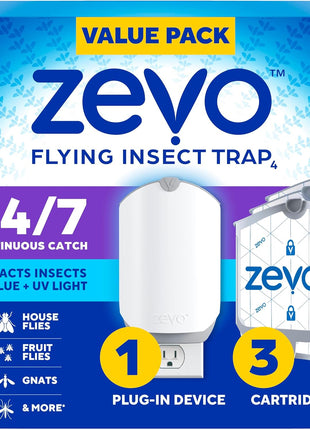 Zevo Flying Insect Trap & 3 Refill Cartridges   Plug in Fly Trap & Indoor Bug Catcher for Gnats, House & Fruit Flies   Blue & UV Light Technology, Mess Free Alternative to Bug Zapper