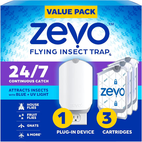 Zevo Flying Insect Trap & 3 Refill Cartridges   Plug in Fly Trap & Indoor Bug Catcher for Gnats, House & Fruit Flies   Blue & UV Light Technology, Mess Free Alternative to Bug Zapper