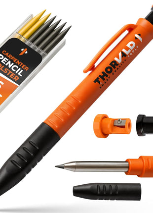 THORVALD New 3-in-1 Carpenter Pencils with Finger Grip for Construction - Incl. 7 Leads + Sharpener - Solid Mechanical Pencils with Fine Point/Best Marking tools Construction/Carpenters/Scriber
