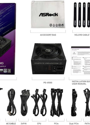 ASRock PG-850G Phantom Gaming 850W Power Supply Individual Braided Pattern 10 Years Warranty Fully Modular Japanese Capacitor 80 Plus Gold Cybenetics Platinum ATX3.1 PCIe5.1 12V-2x6 Cable