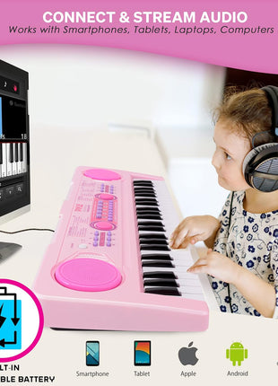 Pyle, Electric Keyboard 49 Keys-Portable Digital Musical Karaoke Piano Keyboard-100 Tunes/Rhythms, 50 Demos, Rechargeable Battery-Wired Microphone-Beginners Kids Adult Pink PKBRD4912PK.3