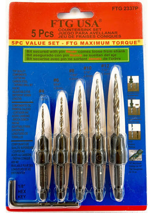 FTG USA Countersink Drill Bit Set 5 Pc #4#6#8#10#12 Tapered Drill Bit for Woodworking