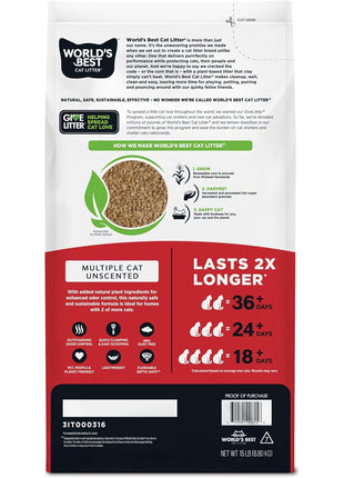WORLD'S BEST CAT LITTER Multiple Cat Unscented, 15-Pounds - Natural Ingredients, Quick Clumping, Flushable, 99% Dust Free & Made in USA - Long-Lasting Odor Control & Easy Scooping