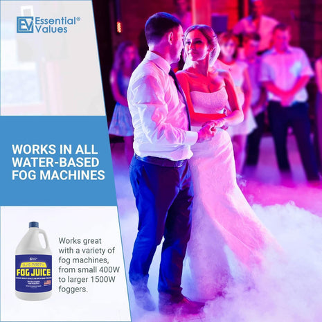 ESSENTIAL VALUES Fog Machine Fluid (128 FL OZ / 1 Gal) Fog Juice Long-Lasting Medium Density Liquid for Water Based Foggers, Perfect for 400 Watt to 1500 Machines, Outdoor or Indoor, Made in USA