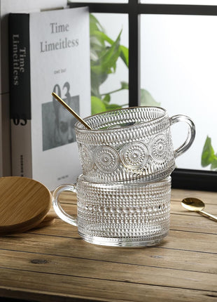 4pcs Set Vintage Coffee Mugs gifts for women, Overnight Oats Containers with Bamboo Lids and Spoons   14oz Clear Embossed Glass Cups, Cute Coffee Bar Accessories, Iced Coffee Glasses