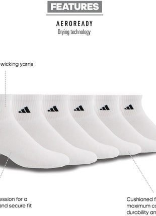 adidas Men's Socks, Athletic Cushioned Quarter 6-Pack, Ankle Fit with Arch Support, White/Black, Large