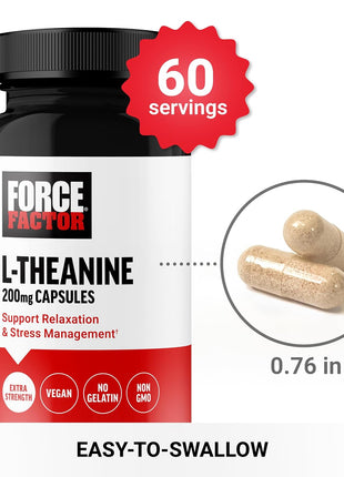 Force Factor L Theanine, Extra Strength L-TheanineSupplement for Stress Relief, and Supporting Calm and Relaxation, LTheanine 200mg Capsules, Vegan, Non-GMO, No Gelatin, 60 Count (Pack of 2)