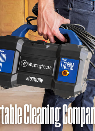 Westinghouse ePX3100v Electric Pressure Washer, 2100 Max PSI 1.76 Max GPM, Built-in Carry Handle, Detachable Foam Cannon, Pro-Style Steel Wand, 3-Nozzle Set, for Cars/Fences/Driveways/Home/Patios