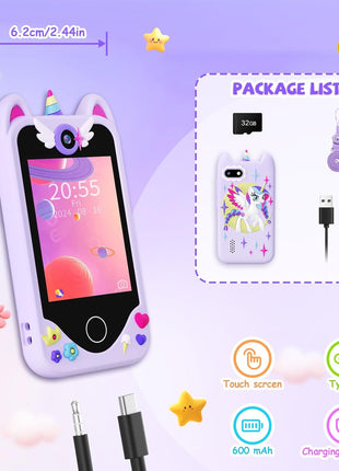 Yosfeng Kids Smart Phone Toy for Girls Ages 3-8, Touchscreen Toy Phone with Dual Cameras, Learning Games, Music Player, 32GB Card Birthday Gift for Kids