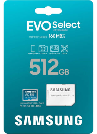Samsung EVO Select 512GB microSDXC Memory Card + Adapter, Up to 160MB/s | UHS I, C10, U1, V10, A1, microSD for Mobile Phone, Smartphones, Nintendo Switch, and Tablets (MB-ME512SA/AM)