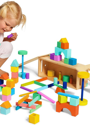 LOVEVERY | The Block Set | Solid Wood Building Blocks and Shapes + Wooden Storage Box, 70 Pieces, 18 Colors, 20+ Activities, Toddler Block Set and Converts into a Pull Car, Ages 12 to 48+ months