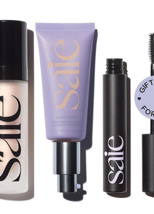 Saie Glowy Super Gel Lightweight llluminator & Makeup Primer - Starglow (1 oz) + Sunvisor Broad Spectrum SPF 35 Mineral Sunscreen (1.35 fl oz) + Lash Lengthening Mascara 101 - Black (0.31 oz)