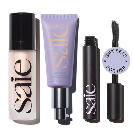 Saie Glowy Super Gel Lightweight llluminator & Makeup Primer - Starglow (1 oz) + Sunvisor Broad Spectrum SPF 35 Mineral Sunscreen (1.35 fl oz) + Lash Lengthening Mascara 101 - Black (0.31 oz)