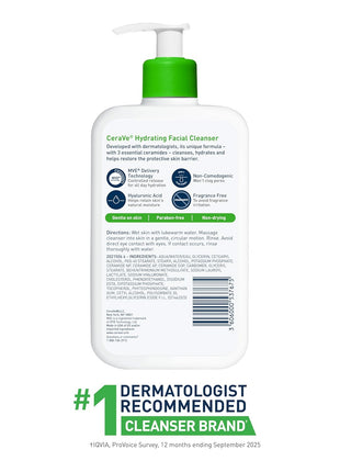CeraVe Hydrating Facial Cleanser, Moisturizing Face Wash For Dry Skin, Hyaluronic Acid + Ceramides + Glycerin, Hydrating Cleanser For Normal To Dry Skin, National Eczema Association Certified, 16 Oz