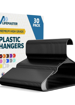 Lifemaster Plastic Clothes Hanger Set - 30 Pieces Versatile, Lightweight, Space-Saving, Non-Slip, Slim Designed, Dry and Wet Clothes Hanger Set - Black
