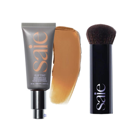 Saie Glow & Blend Duo - Slip Tint Tinted Moisturizer SPF 35 Shade Five + Half (1.35 oz), The Big Liquid Foundation Brush (1 Count), Hydrating Glow & Seamless Blending