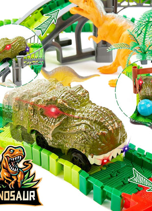 Dinosaur Race Track Toy for Kids Ages 3-6 | Flexible Track Playset with 2 Light-Up Dino Cars, 8 Dinosaur Figures, Tunnel, Bridge & Accessories, Buildable Gift for Boys