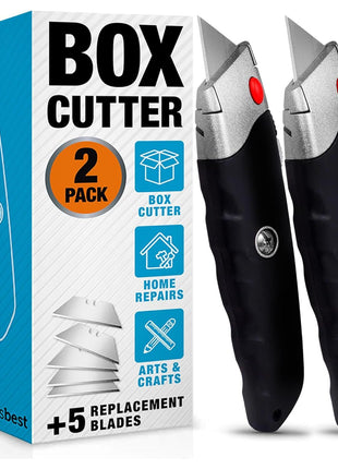 INTERNET'S BEST Premium Utility Knife Set | Retractable Box Cutter with Rubber Handle | Heavy-Duty Cutting for Cardboard, Carpet, Plastic | Retractable Blade | Includes 2 Razor Knives & Extra Blades
