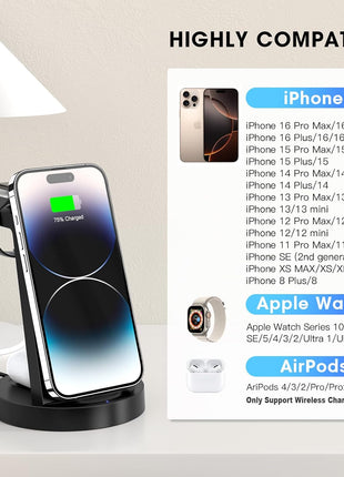 Anlmz 3 in 1 Charging Station for iPhone, Wireless Charger for iPhone 17 16e 16 15 14 13 12 11 X Pro Max & Apple Watch - Wireless Charging Station for AirPods 4 3 Pro
