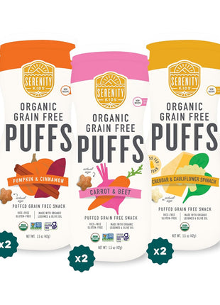 Serenity Kids 6+ Months Grain-Free Baby Puffs Snack - Baby & Toddler Snacks for 6+ Months - No Added Sugar & Gluten & Rice Free - BPA & Allergen Safe with Organic Cassava & Veggies - 1.5 Oz, 6 Pack