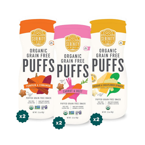 Serenity Kids Baby Puffs, Baby Snacks, Organic Puffs, 1.5 Oz, 6 Pack | No Added Sugar, Grain Free, Gluten Free, Dissolves Fast, No Mess Canister, Baby Food Puffs
