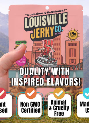 Louisville Jerky Co. Vegan Jerky Plant-Based Maple Bacon Flavor, High Protein Snack, (3 Ounce, 1-Pack) – Sweet & Smoky Chewy Texture, Gluten-Free