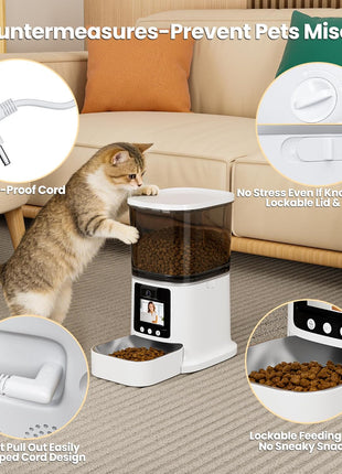 Automatic Cat Feeder with Camera, 2-Way Video& Audio, HD Video with Night Vision, 5G WiFi Pet Feeder, 5L Large Food Storage Container for Multiple Pet, Detachable for Easy Clean (White)