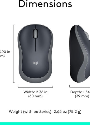 Logitech M185 Wireless Mouse, 2.4GHz with USB Mini Receiver, 12-Month Battery Life, 1000 DPI Optical Tracking, Ambidextrous PC/Mac/Laptop - Swift Grey