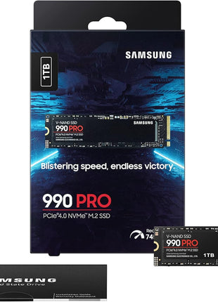 Samsung SSD 990 PRO 1TB, PCIe 4.0 M.2 2280, Up to 7,450 MB/s | PCIe 4.0 NVMe SSD with 7450 MB/s read speed and 1TB capacity for gaming, video editing and data analysis