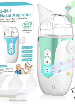 Nasal Aspirator for Baby, 2-in-1 Electric Nose Sucker for Toddlers with Spray, Up to 70kPa with 5 Levels, Auto Leak Control, 3 BPA-Free Silicone Tips, Quiet & Portable Nose Cleaner, Rich Package