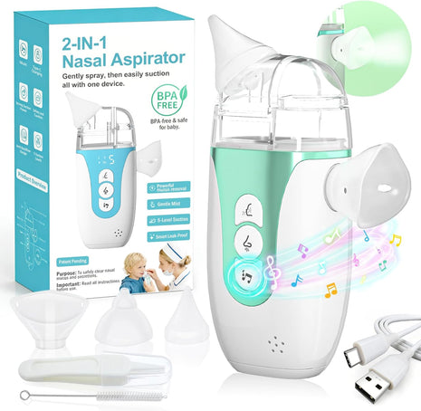 Nasal Aspirator for Baby, 2-in-1 Electric Nose Sucker for Toddlers with Spray, Up to 70kPa with 5 Levels, Auto Leak Control, 3 BPA-Free Silicone Tips, Quiet & Portable Nose Cleaner, Rich Package