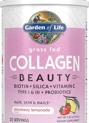 Garden of Life Grass Fed Collagen Beauty - Strawberry Lemonade, 20 Servings, Powder for Women Men Hair Skin Nails, Hydrolyzed Collagen Peptides Protein Powder Supplement