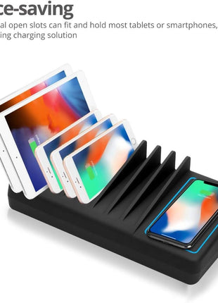 SIIG 10 Port 90W USB Charging station with Qi wireless and USB C Charging, Ambient Light Deck compatible with iPhone iPad Samsung Galaxy Google Nexus