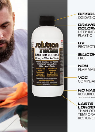 Solution Finish - Black Plastic & Vinyl Trim Restorer - Use for Car and Truck Detailing, No Wet Look, Instantly Revives Color to Trim, Bumpers, Mud Flaps, Etc., Black (12 oz)