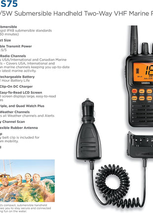 Uniden MHS75 Waterproof Handheld 2-Way VHF Marine radio, Submersible, Selectable 1/2.5/5 Watt Transmit Power. All USA/International and Canadian Marine Channels - Color Black