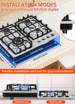 22′′x20′′ Built in Gas Cooktop 4 Burners Stainless Steel Stove with NG/LPG Conversion Kit Thermocouple Protection and Easy to Clean (20Wx22L)