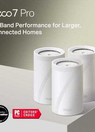 TP-Link Deco 7 Pro BE63 Tri-Band WiFi 7 BE10000 Whole Home Mesh System - 6-Stream 10 Gbps, 4x2.5G Ports Wired Backhaul, 4X Smart Internal Antennas, VPN, HomeShield, Free Expert Support (3-Pack)