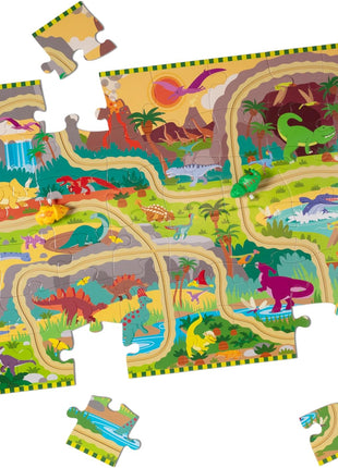 Melissa & Doug Dinosaur Adventure Tracks Cardboard Jigsaw Floor Puzzle and 2 Wind-Up Dinos – 48 Pieces, for Boys and Girls 3+