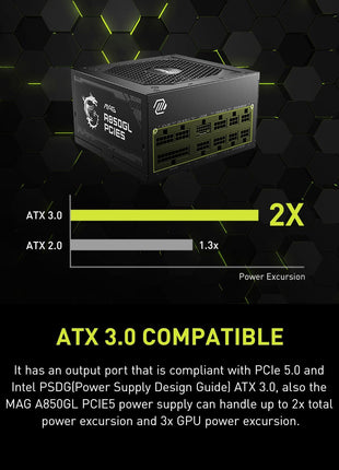 MSI MAG A850GL PCIE5, Fully Modular Compact Gaming 850W Power Supply, 80+ Gold, ATX 3.1 & PCIe 5.1 Ready, Native Dual-Color 12V-2x6 Cable, 10 Year Warranty